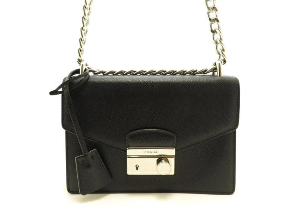 Prada Chain Shoulder Bag Calfskin Embossed Black Nero Black